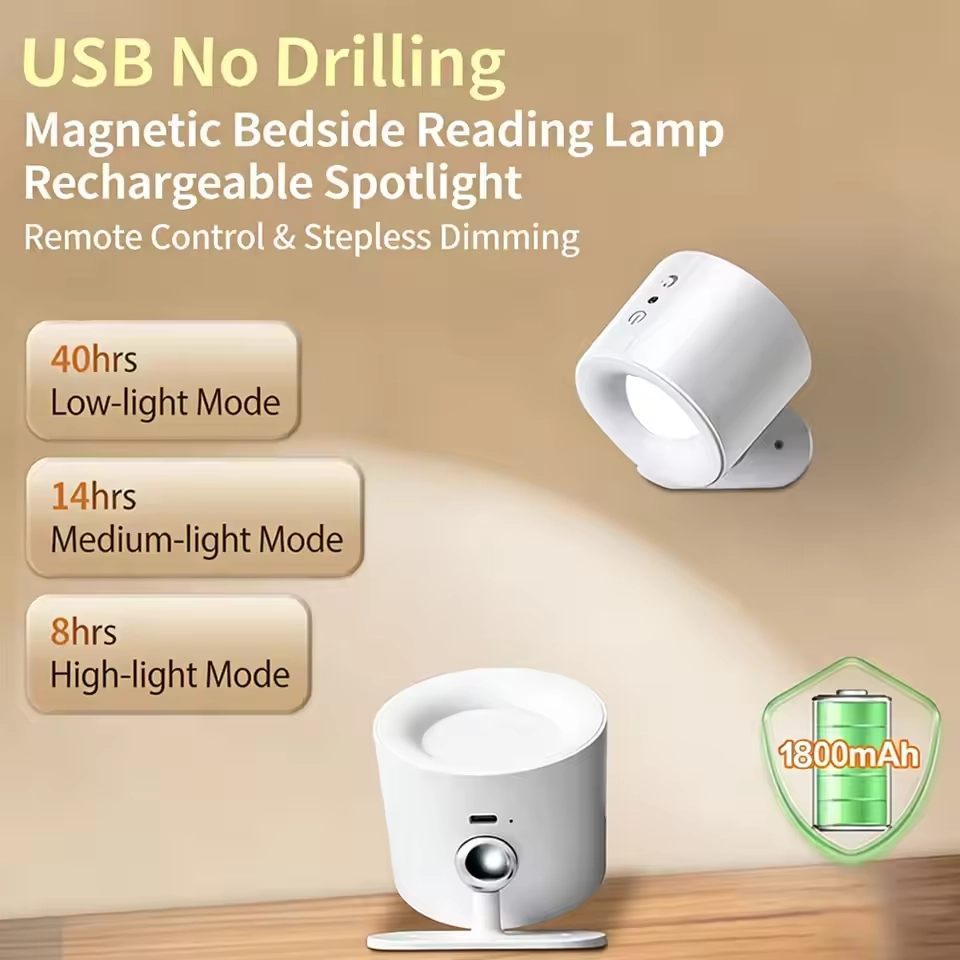 Wireless Magnetic Suction Touch Lamp USB Rechargeable 3 Color Modes Rotatable Bedside Wall Reading Light