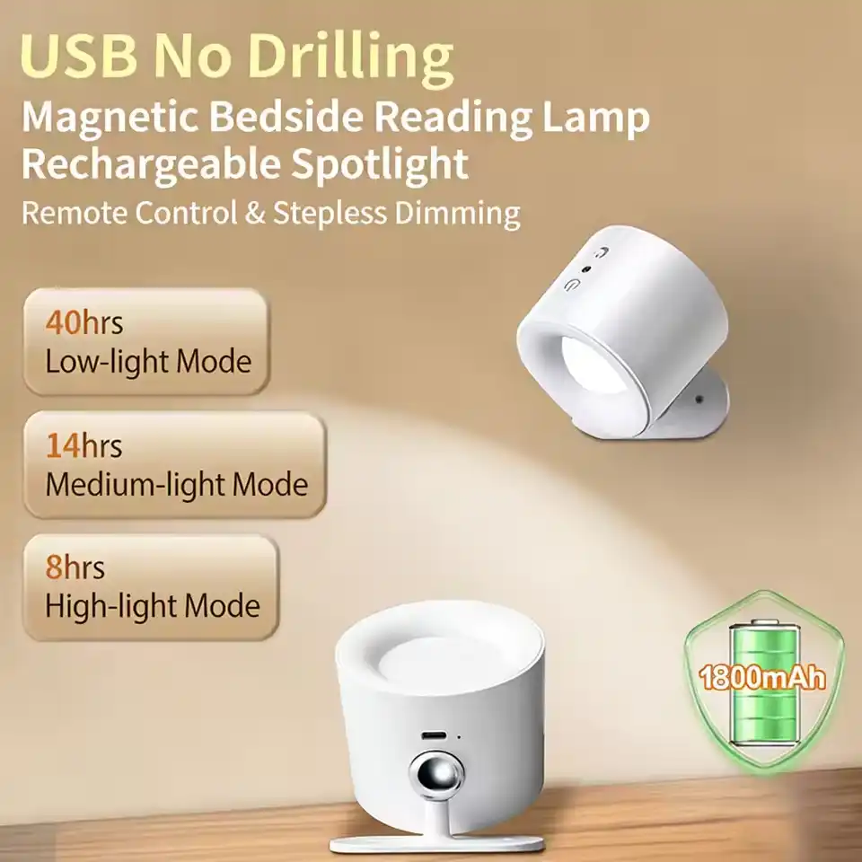 Wireless Magnetic Suction Touch Lamp USB Rechargeable 3 Color Modes Rotatable Bedside Wall Reading Light